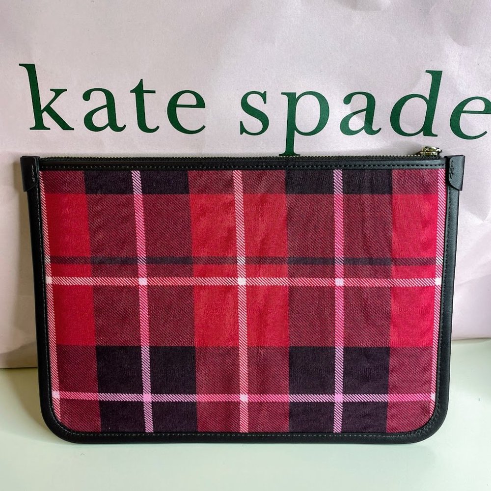 Kate Spade Ella Classic Plaid Burnt Rose Large Zip Pouch Clutch - Picture 2 of 3